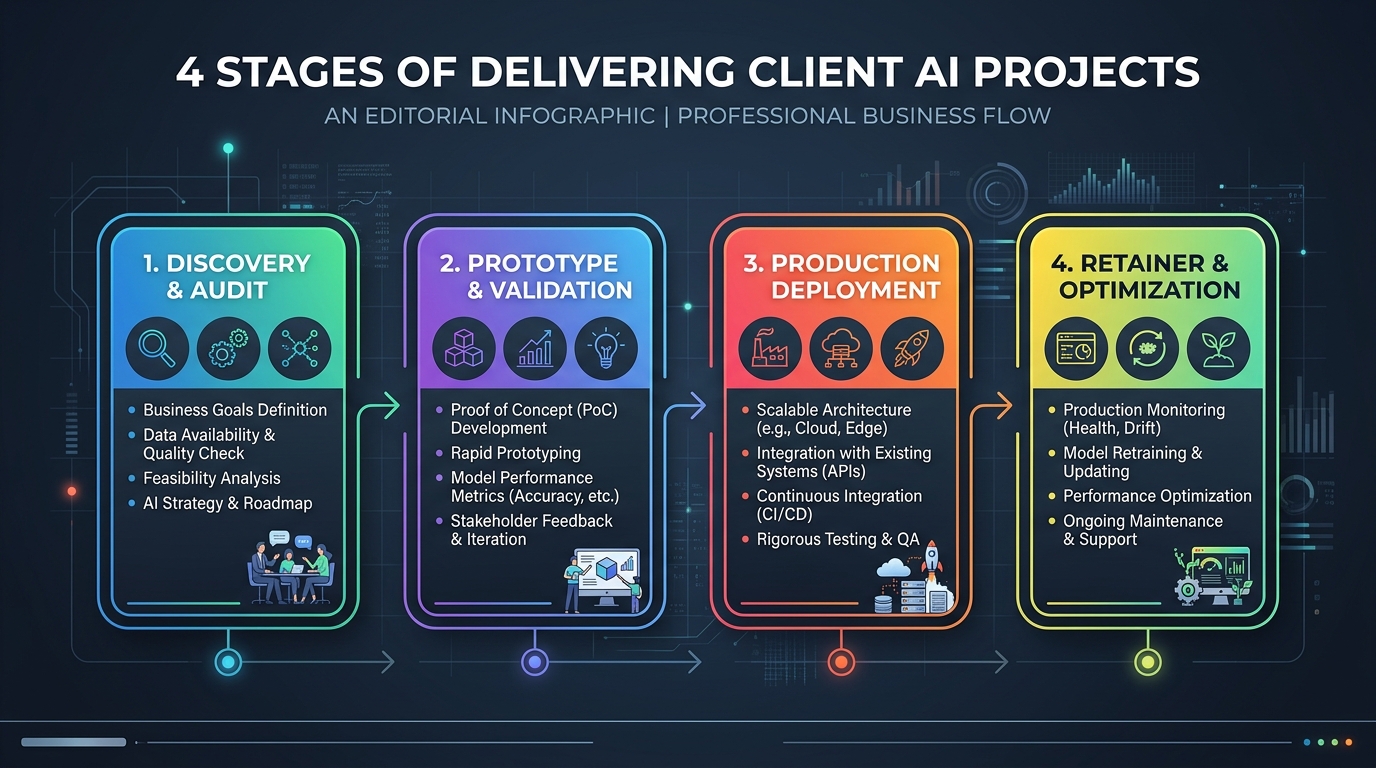 Infographic of the 4 stages of delivering client AI projects: Discovery, Prototype, Deployment, Retainer