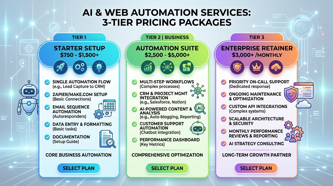 Value pricing tiers for AI client projects and monthly recurring retainers