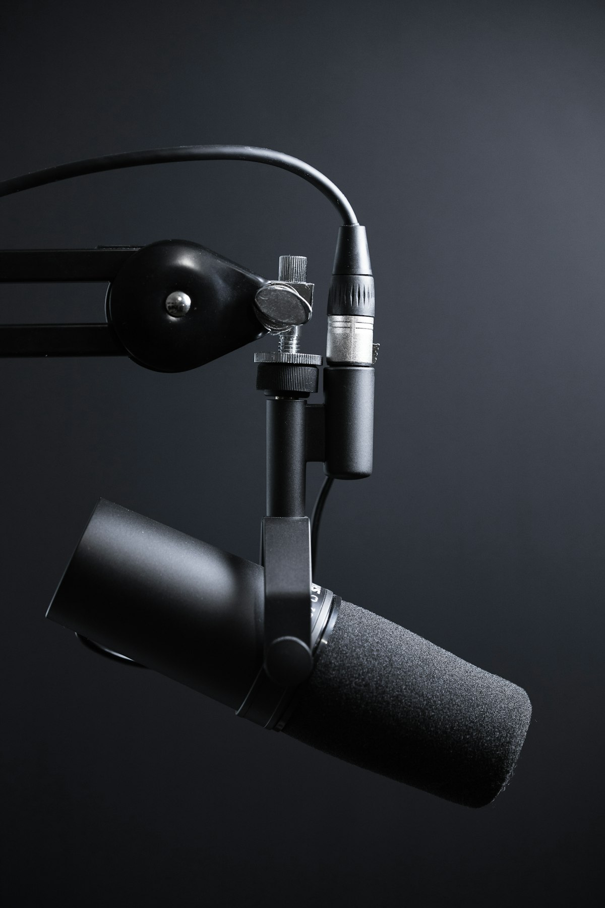 Professional studio condenser microphone and pop filter for voiceover production