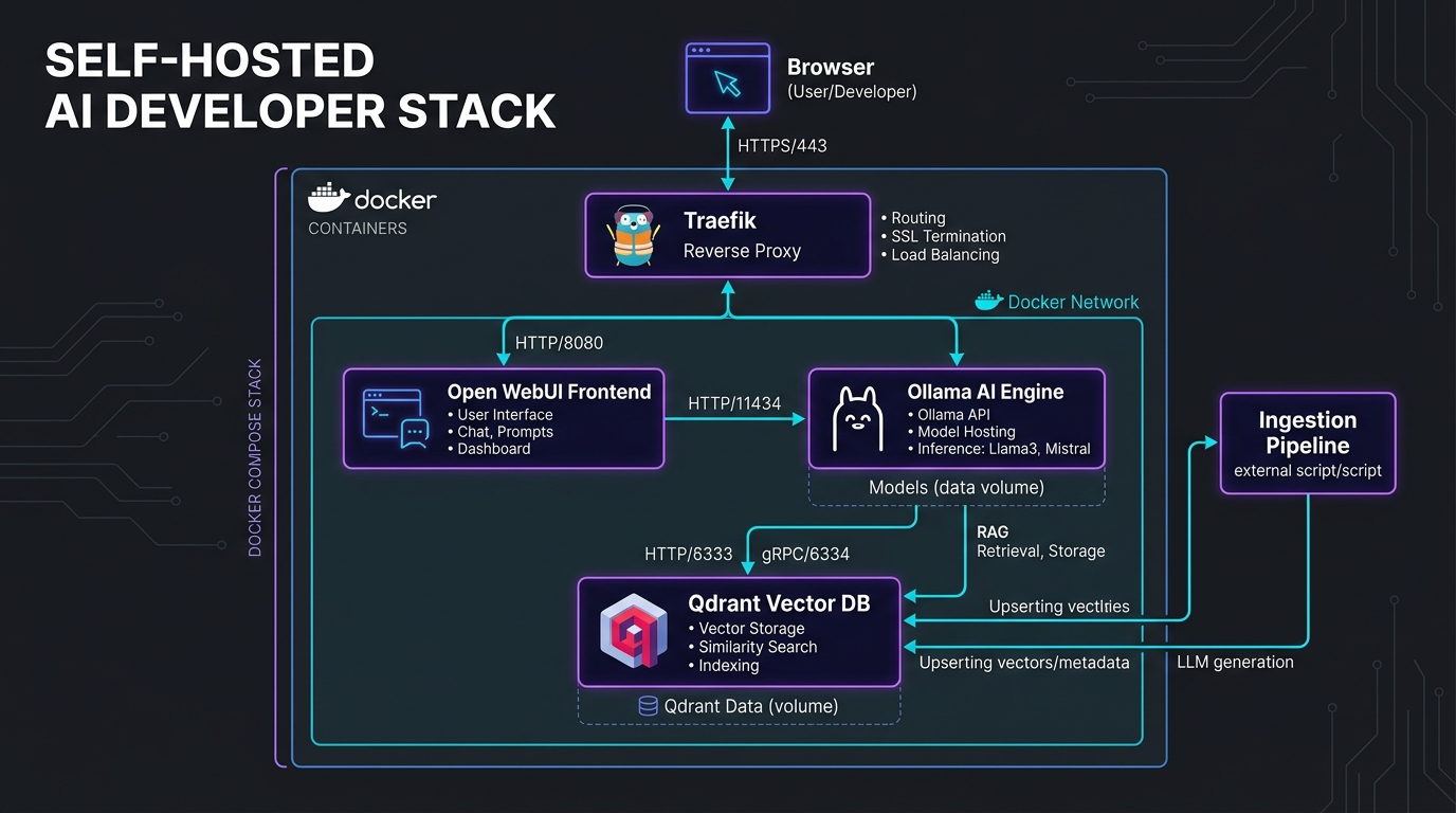 Docker Compose architecture running Ollama, Open WebUI, and Qdrant vector database