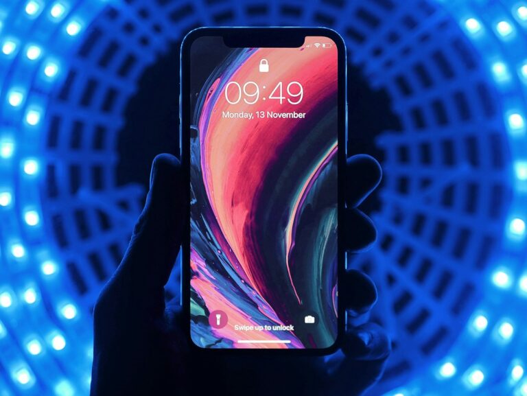 Hands holding modern iPhone with productivity setup on desk